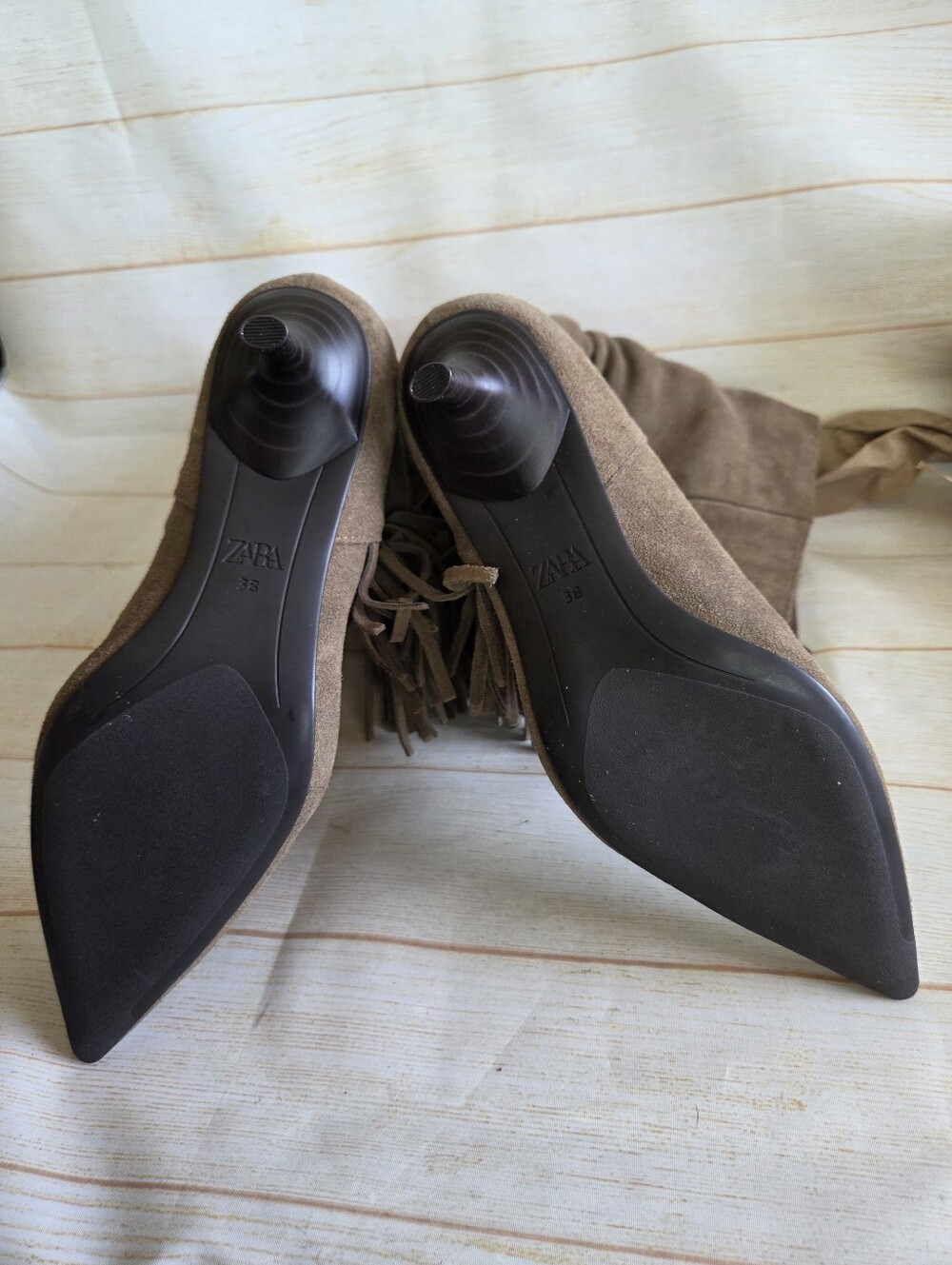 Zara Suede Fringe Ruched Pointy Toe Kitten Heel Boots Boho Brown Tan Size 38 - Picture 14 of 16